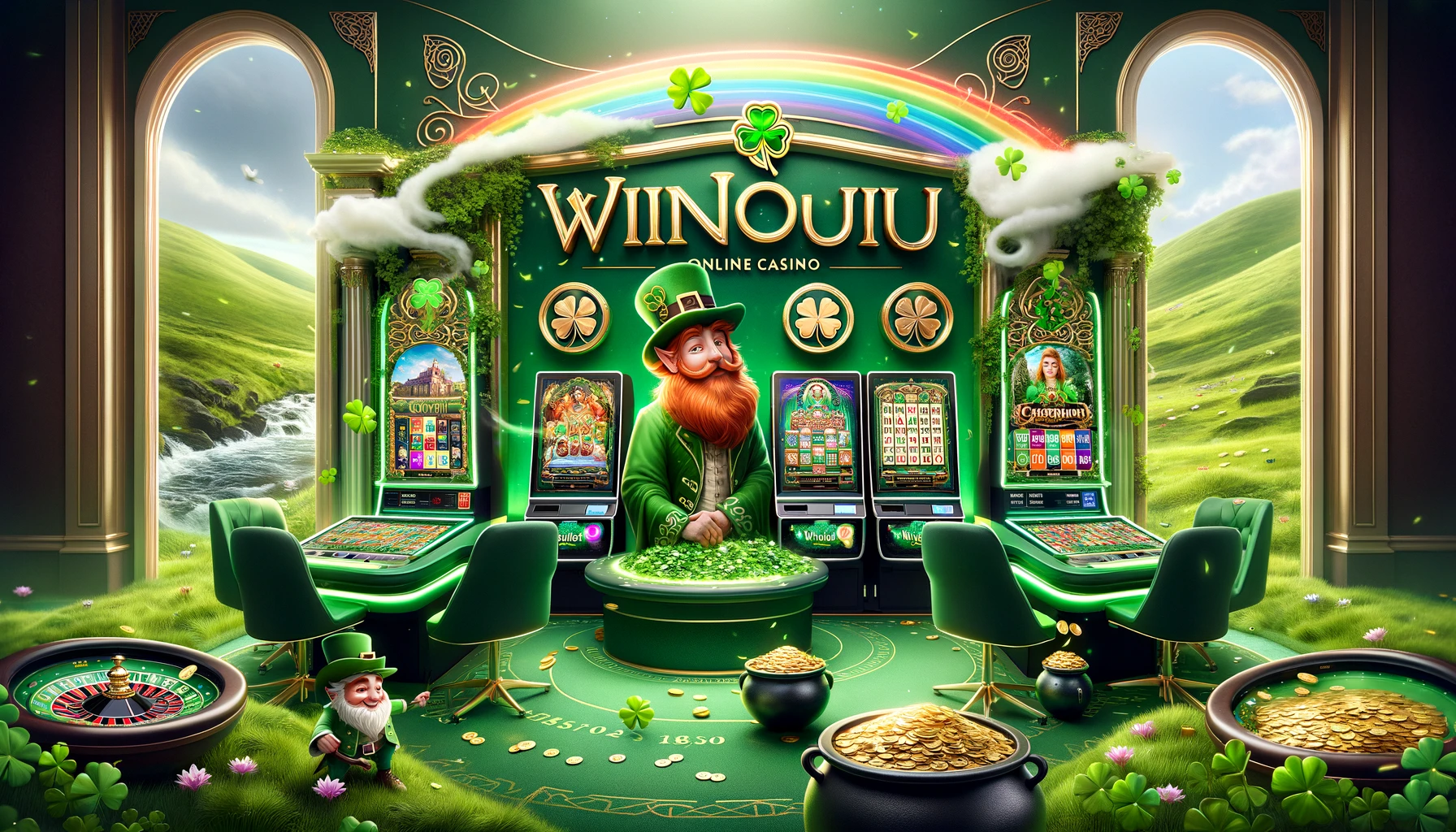 DALL·E 2024-03-17 18.08.38 - An online casino inspired by Irish themes, branded with 'WinOui' in elegant, Celtic-styled lettering. This casino showcases a vibrant green color sche